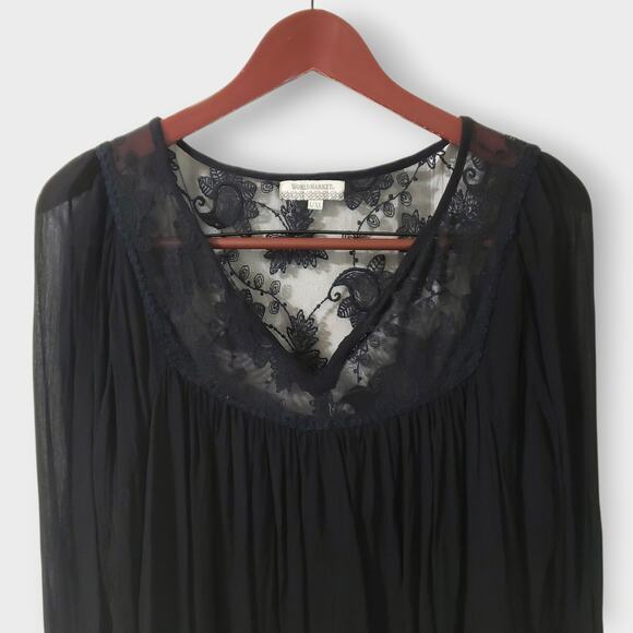 World Market Black Floral Lace Top Sheer Chiffon Overlay Sz L/XL Goth Fairycore - Picture 2 of 14